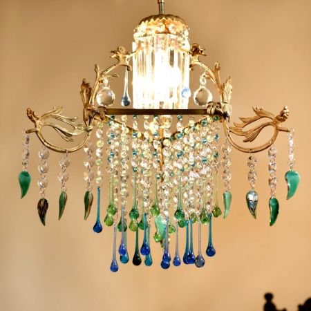 Blue & Green Modern Chandelier Made of Brass and Glass